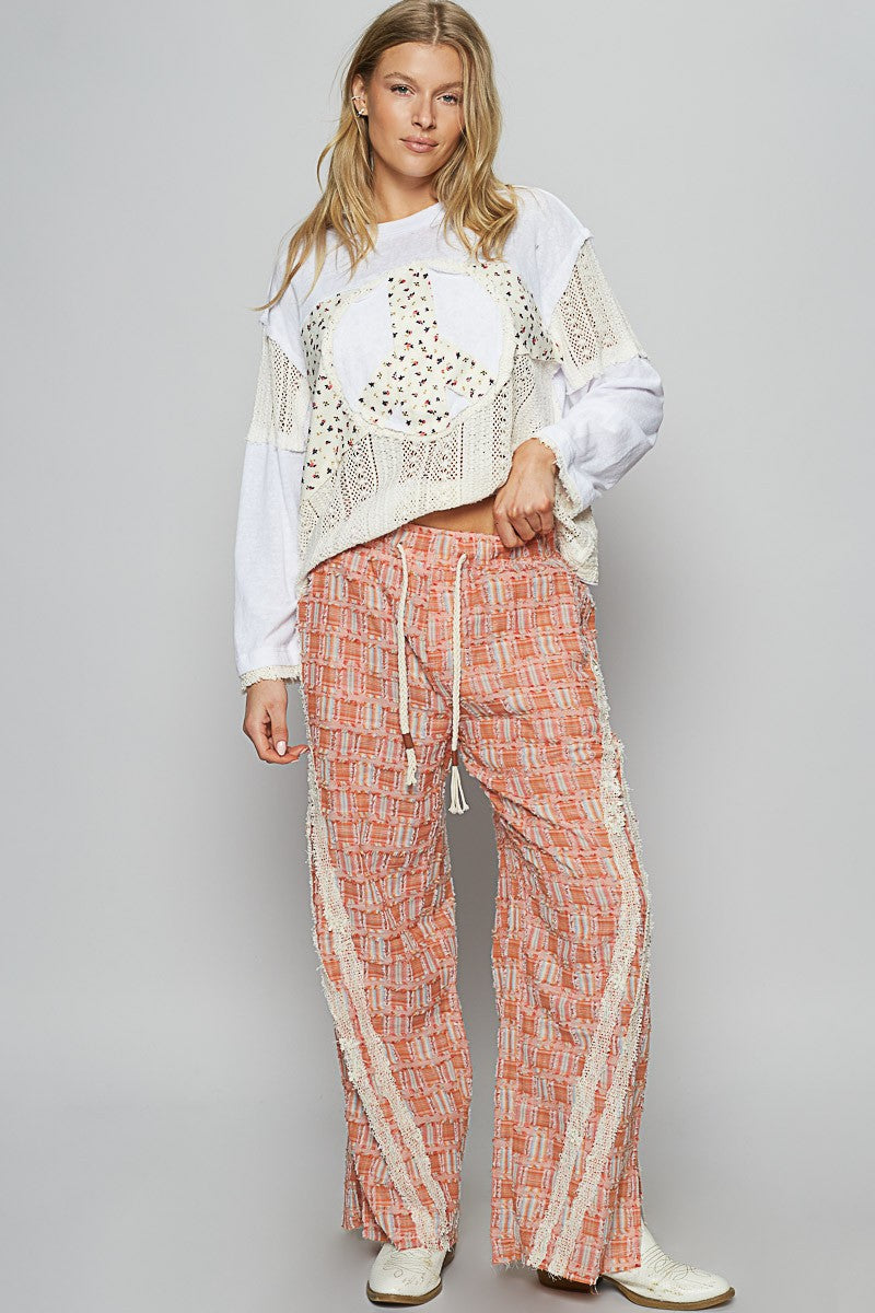 POL Lace Trim Drawstring Checkered Wide Leg Pants