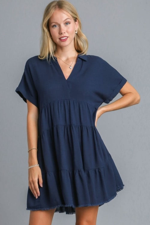 Umgee Full Size Raw Hem Folded Sleeve Tiered Dress Plus Size